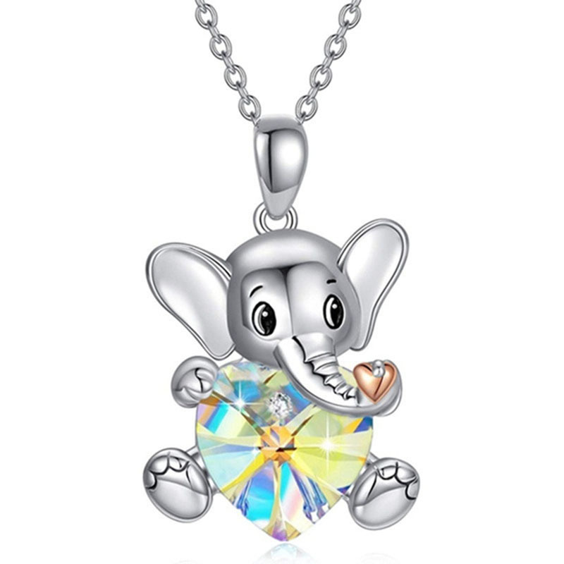 Sweet Heart Shape Elephant Alloy Rhinestone Inlaid Crystal Pendant Necklace 1 Piece