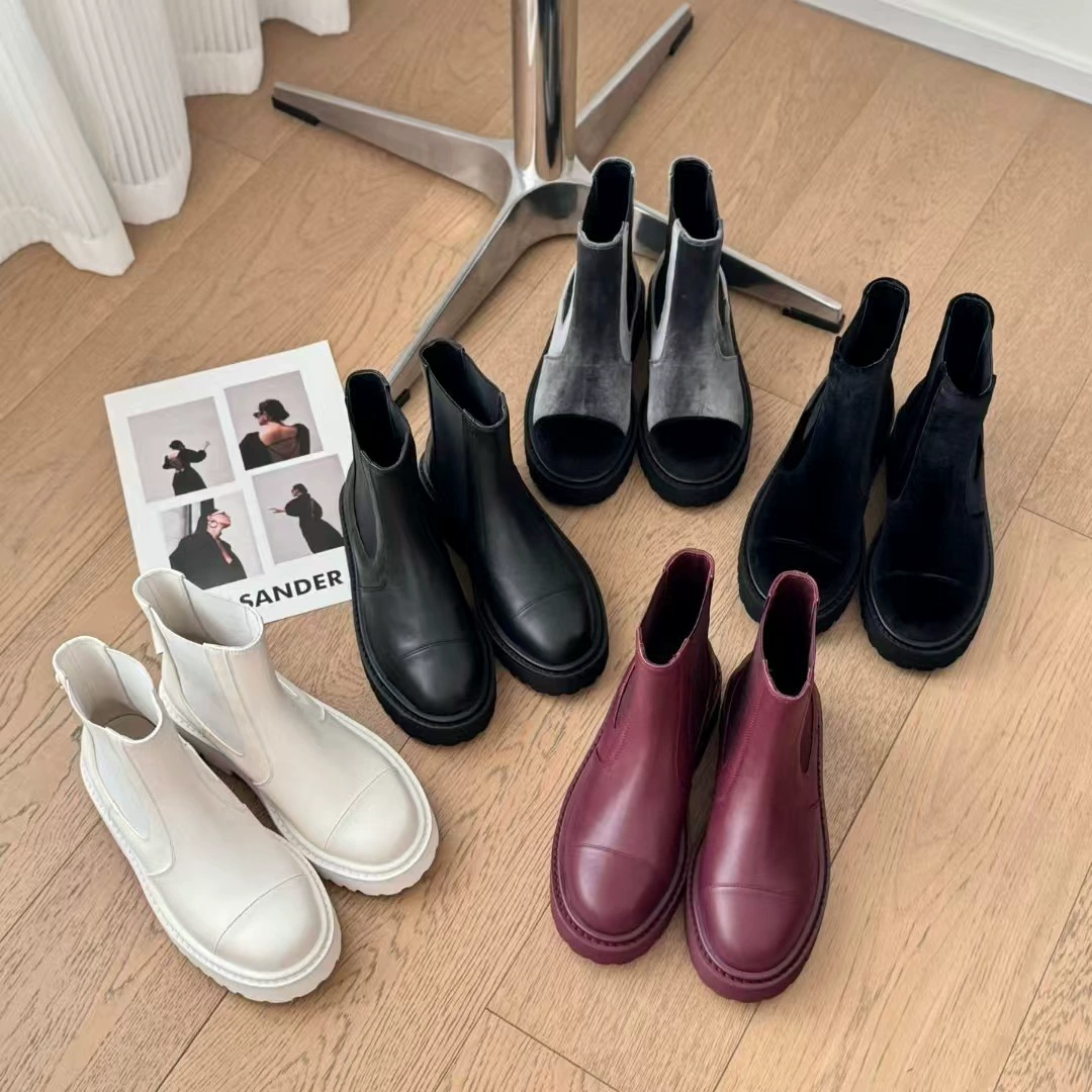 2024 новый осенний и зимний аромат классический воловья кожаный задний эластический ремень Челси сигаретные сапоги женские толстые кожаные сапоги