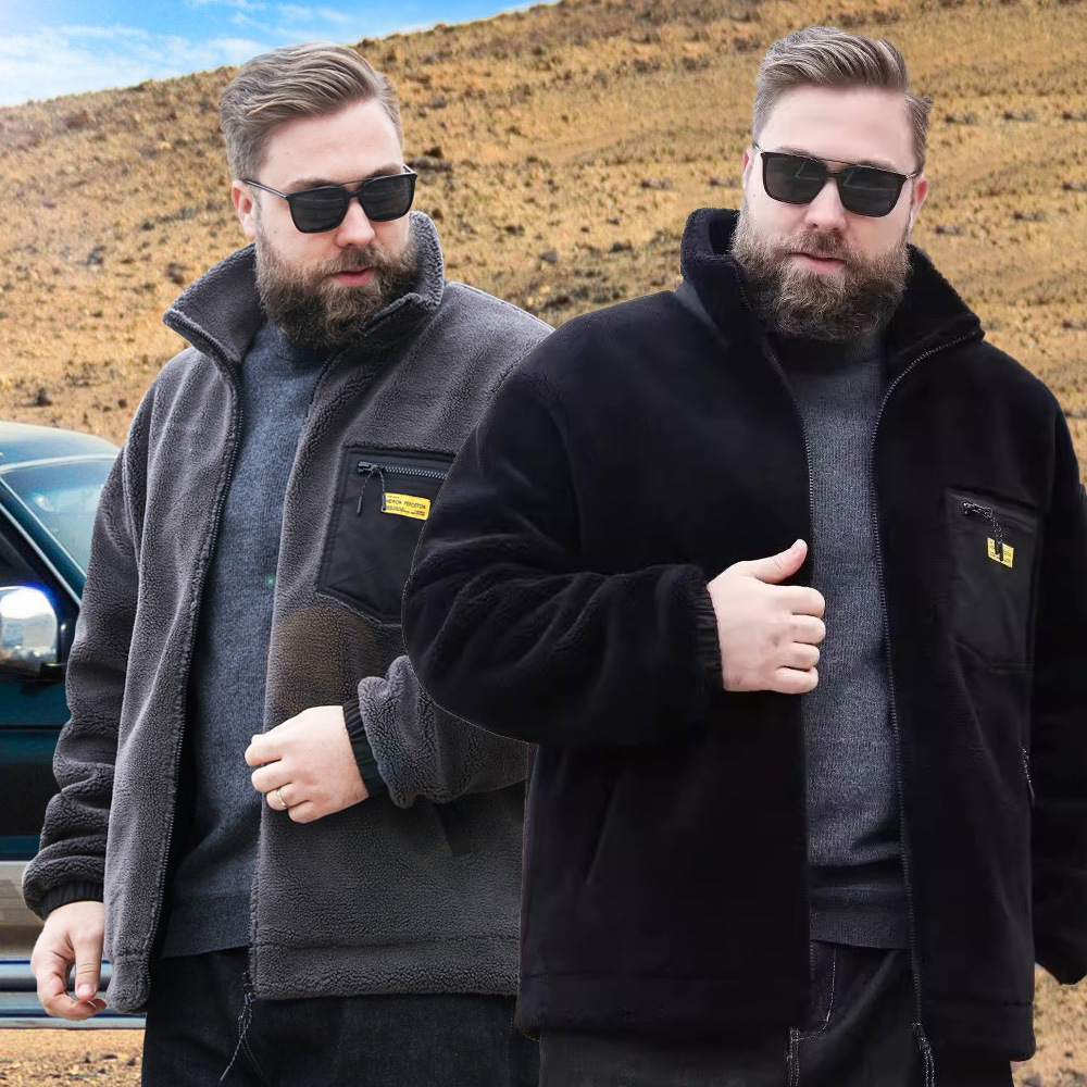 Men's Clothing Plush and thickened polar fleece jacket for men in autumn and winter plus size fat men loose stand collar cotton coat fleece jacket_voghion.com