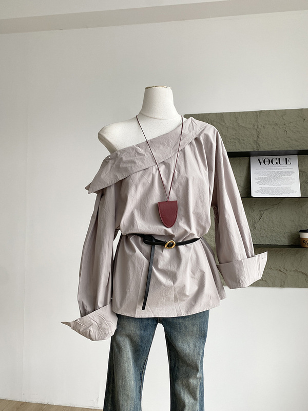【Autumn New Arrival】尽情美丽尽情装扮自己#斜肩纯色收腰衬衫|undefined