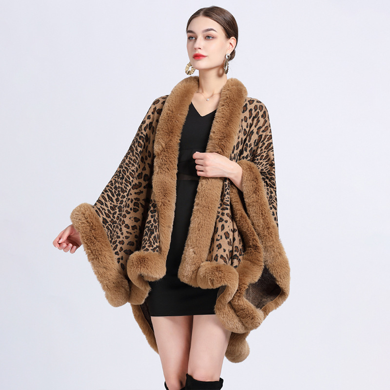 Cape en jacquard imprimé léopard avec col en fourrure, manteau cardigan en tricot grande taille pour femme_voghion.com