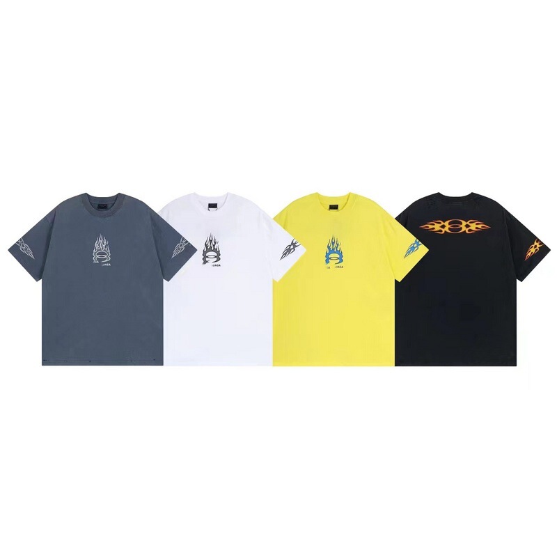 High-Quality Ss24 Paris New B Classic Logo Double-Ring Flame Direct Spray Printed Washed Distressed Short-Sleeved T-Shirt