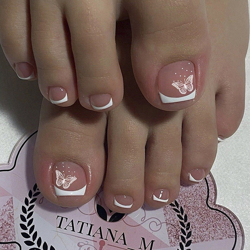 Toe Nail Tips French White Butterfly Fresh Simple Nail Art Fake Nails European and American Foreign Trade Toe Nail Tips Toe Nail Tips French White Butterfly Fresh Simple Nail Art Fake Nails European and American Foreign Trade Toe Nail Tips
