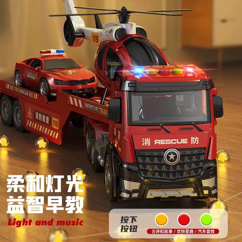 Large Police Trailer Fire Trailer Rescue Vehicle Transporter Flatbed Toy Helicopter Car Boy