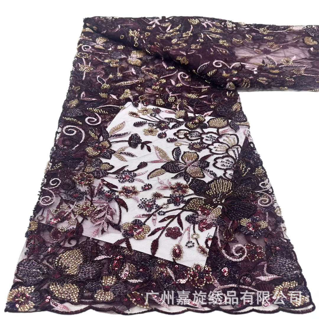 Tela de bordado pesado con diseño floral de una sola cara, lentejuelas con cuentas, adecuada para vestidos de novia, vestidos de noche y encaje de qipao.