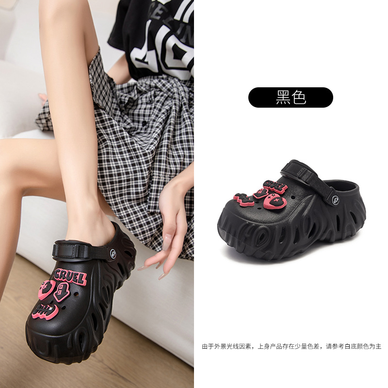 Zapatos con agujeros de suela súper gruesa con sensación de mierda, zapatos ligeros de playa de verano Baotou para mujer, sandalias y zapatillas de dos uso transpirables y antideslizantes EVA