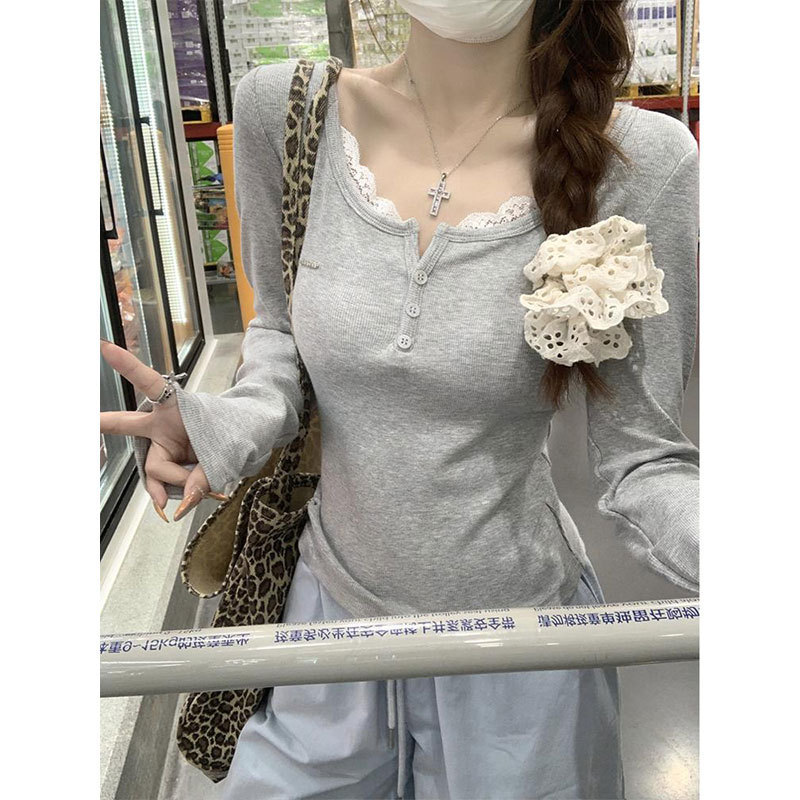 Korean Style Pure Desire Lace Stitching Long-Sleeved Shoulder T-Shirt Autumn Slim-Fit Interior
