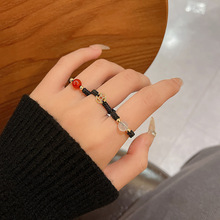 国潮轻奢小众相思红豆编织戒指女红玛瑙时尚中国风食指戒指环批发