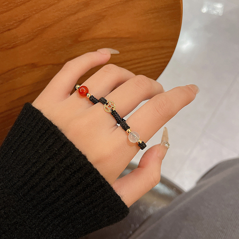 国潮轻奢小众相思红豆编织戒指女红玛瑙时尚中国风食指戒指环批发