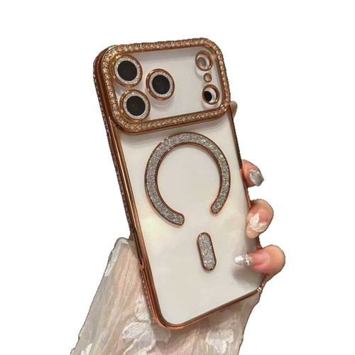 Flash diamond magnetic suction suitable for iPhone17PROMAX mobile phone case, transparent electroplating with lens film, iPhone 16 protective case