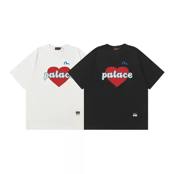EV福神 2025 New Large M Letter Heart Print Short Sleeve T-Shirt Couple Matching Loose Tee
