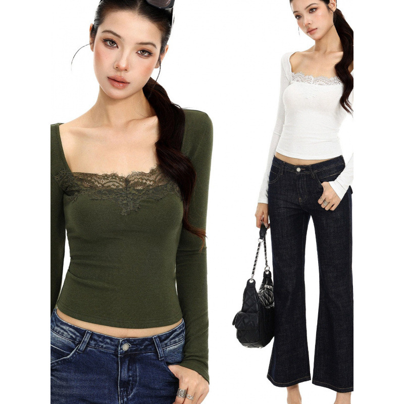 In-stock 260g rayon long-sleeve T-shirt with lace collar for women, summer and autumn, slim fit, flattering, cropped top