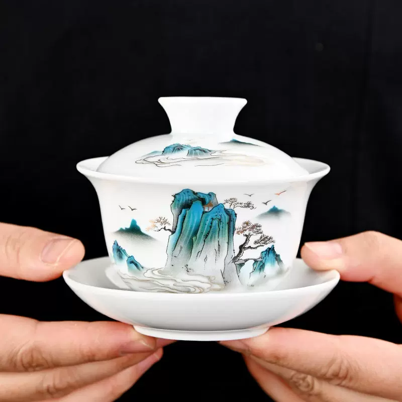 直销新品高白家用手绘描金白瓷三才盖碗陶瓷茶具家用茶碗印logo