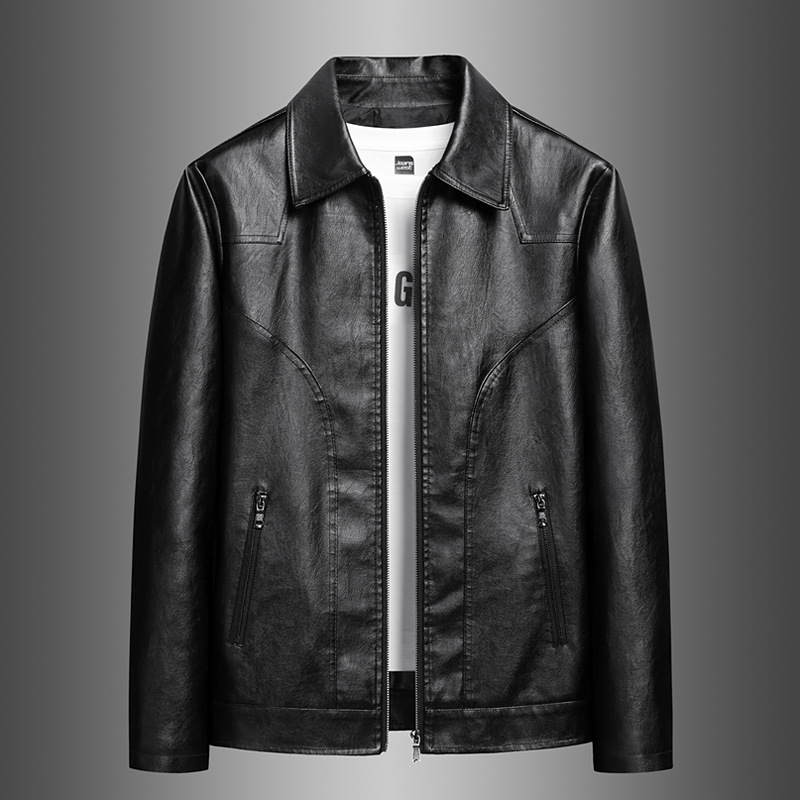 Men's Spring and Autumn Outerwear, Trendy Leather Jacket, Retro Style, Stylish, High-End, Cool, Versatile Motorcycle Jacket with Lapel
