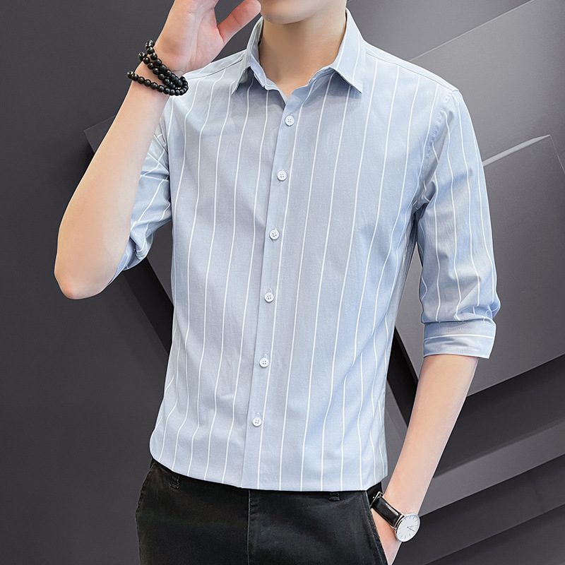 夏季短袖男士商务衬衫2021新款青年休闲男装修身条纹七分袖衬衣男|ms