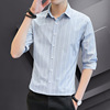 夏季短袖男士商务衬衫2021新款青年休闲男装修身条纹七分袖衬衣男|ru