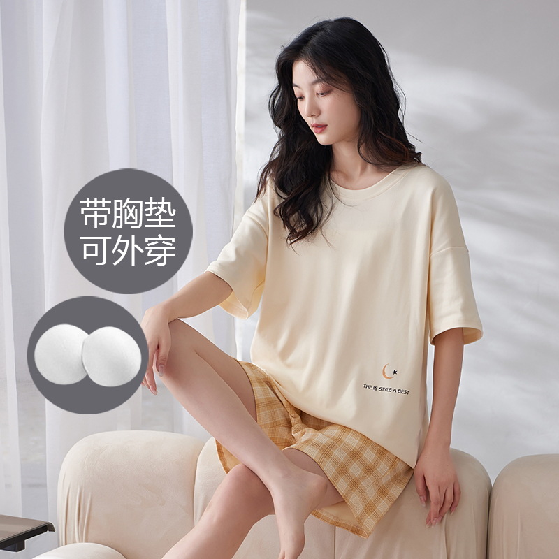 Pijamas de verano para mujer con almohadillas para el pecho, pantalones cortos dulces y bonitos que se pueden usar en el exterior, conjunto de algodón puro de manga corta, novedad 2026, ropa para el hogar