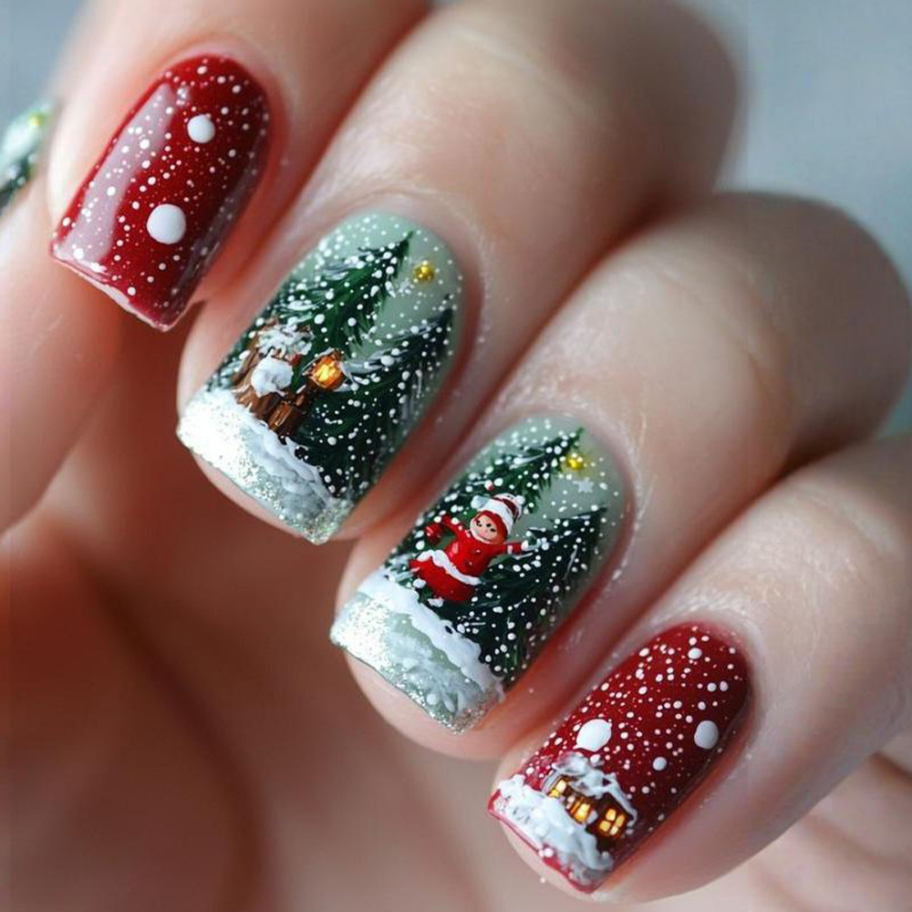 Navidad temática nieve larga manicure, cabaña de nieve transfronteriza, 24 piezas de parche de uñas terminado
