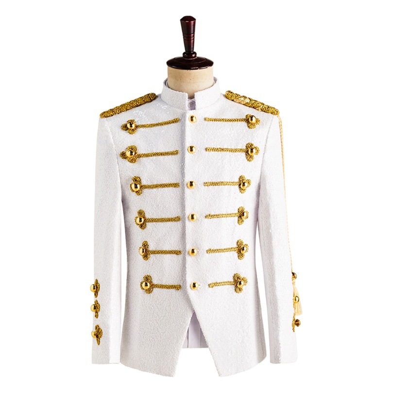 Men's Black Sequined European Palace Style Stylist Men's Nightclub Dj Gold-Inlaid Performance Clothing Military Uniform Performance Dress