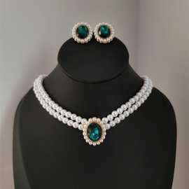 Double Pearl Emerald Necklace 欧美珍珠项链祖母绿双层锁骨链