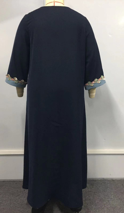 Exclusive Cross-border Supply Of Middle Eastern Robes, Muslim Fashion Navy Blue Embroidered Patchwork Abaya Plus-size_ecoleips.com
