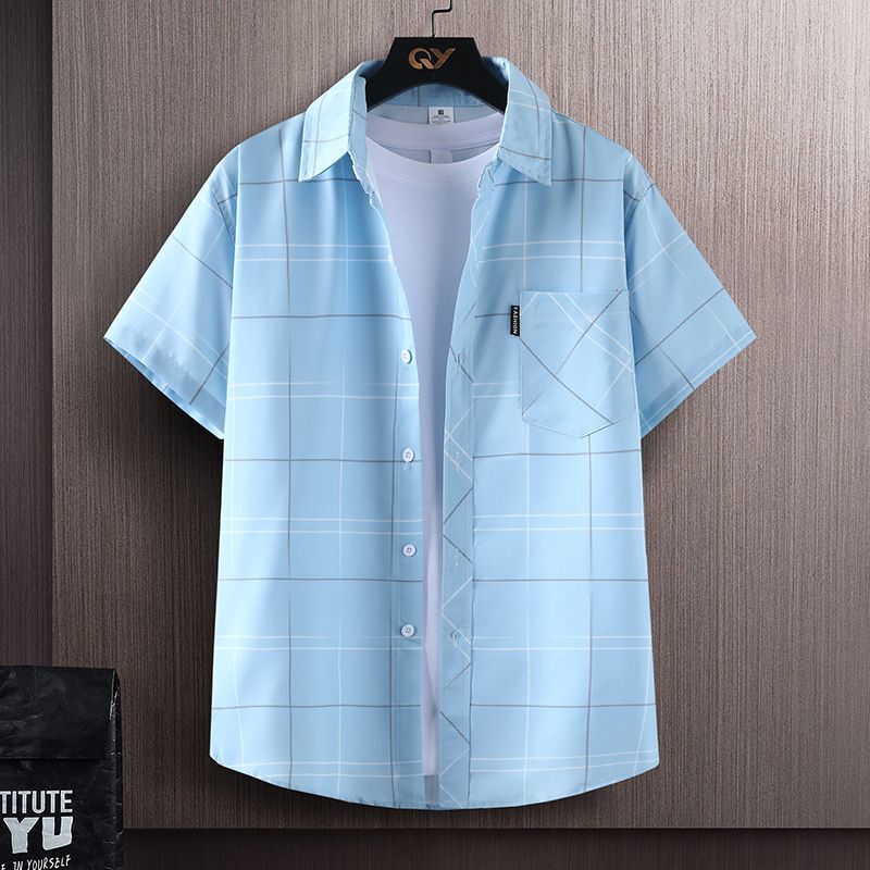 Men's Short-Sleeve Plaid Shirt, Summer Casual Versatile Thin Ice Silk Half-Sleeve Shirt with Pockets