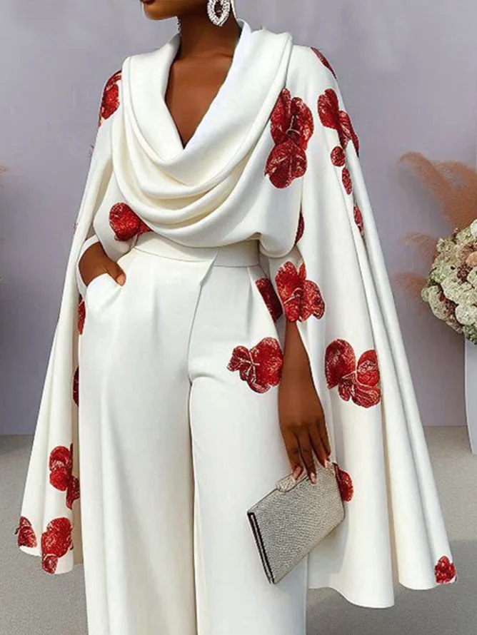 Printed Heap Collar Long Sleeves Two-piece Set Trousers Suit