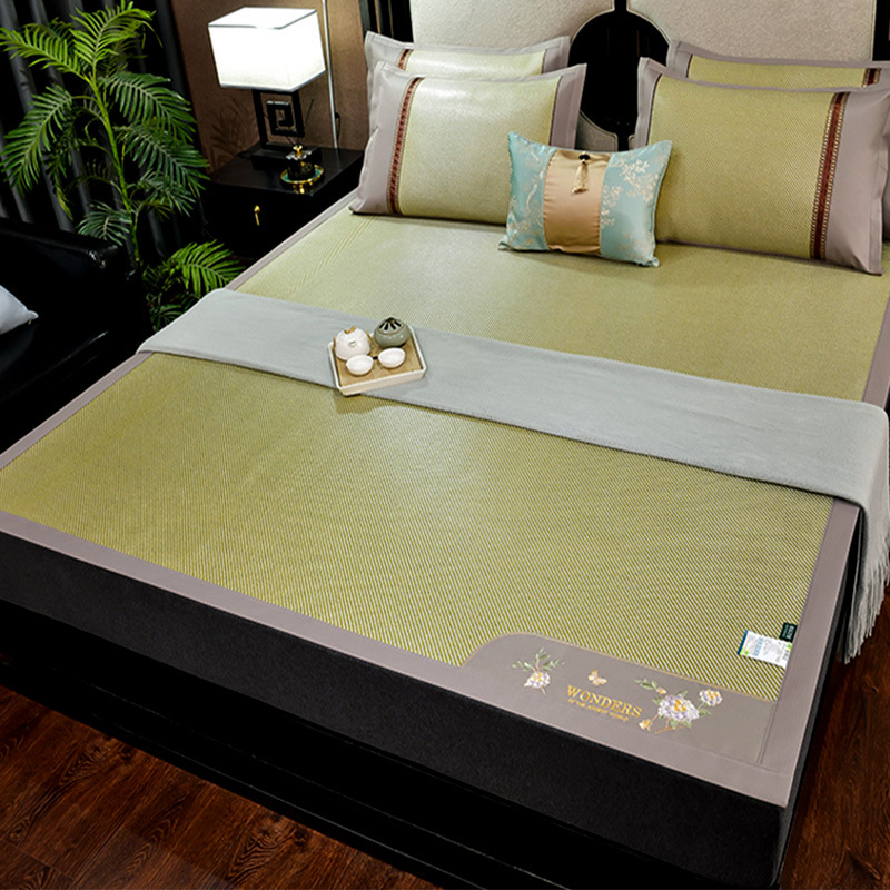 High-quality ice rattan mat three-piece set, foldable health-preserving embroidered double-sided air-conditioned mat and fitted sheet rattan mat three-piece set