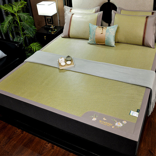 High-quality ice rattan mat three-piece set, foldable health-preserving embroidered double-sided air-conditioned mat and fitted sheet rattan mat three-piece set