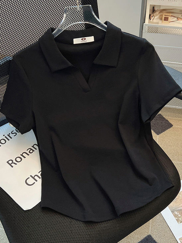 ポロラペル半袖 Tシャツ女性のための 2025 新しい夏ファット mm 右肩カバー腹痩身カーブヘムトップスシャツ|undefined