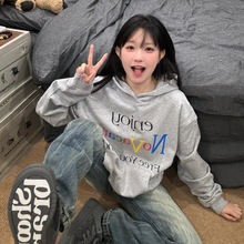 美式小众潮流彩色字母印花灰色连帽卫衣女秋冬加绒宽松百搭上衣男