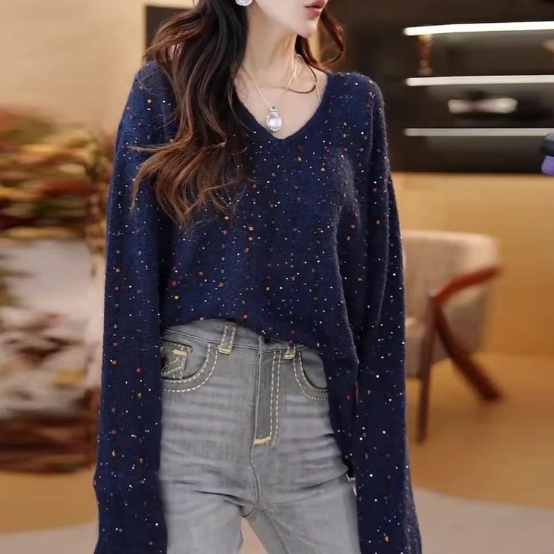 韩系温柔风甜美V领亮片彩点针织衫女秋冬新款宽松显瘦毛衣打底衫|undefined