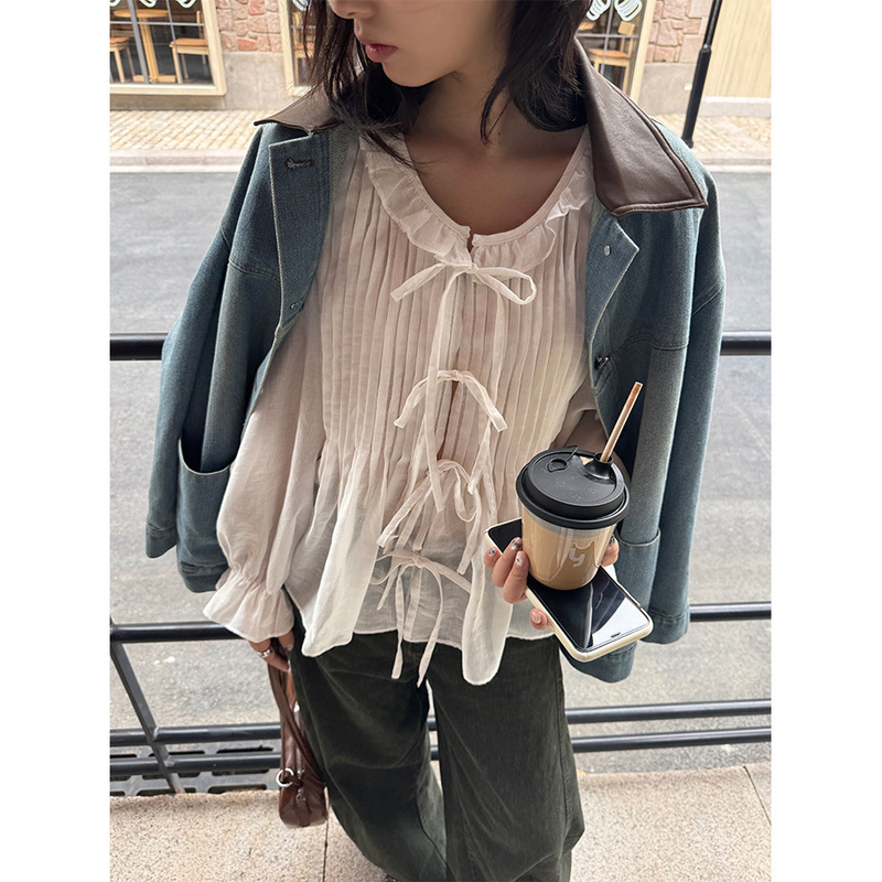 Guangzhou Huang Zheng Autum Korean Style Ins Trendy Fashion Versatile Loose Lace-Up Bow Long-Sleeved Shirt for Women 530803