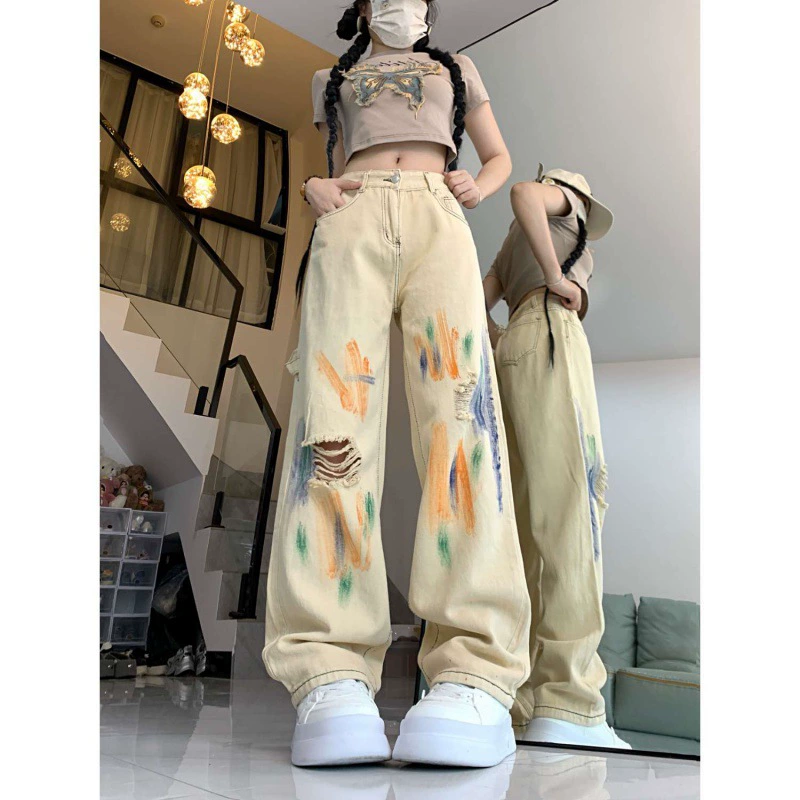 2024-май для новых мужчин и женщин американский уличный раскрашенный вручную нишевые джинсы женские прямые брюки с высокой талией и тонкими дырами