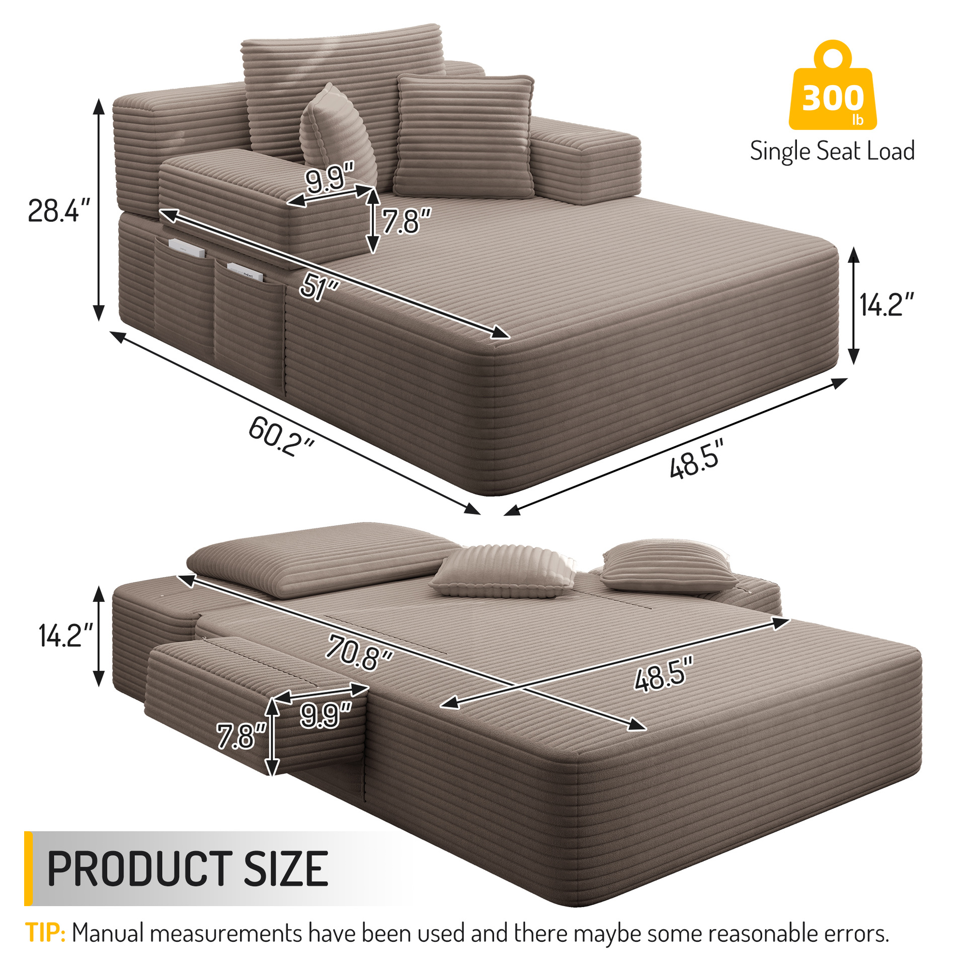 Super sillón interior 50 pulgadas (aproximadamente 127 cm) ancho acolchado sofá de terciopelo cómodo esponjoso arena nublada