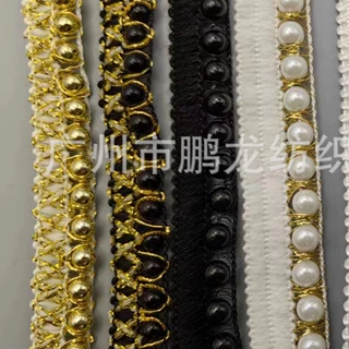 机绣透明雪纱带镶8里连线珍珠1.5CM织带花边汉服鞋帽窗帘服装辅料