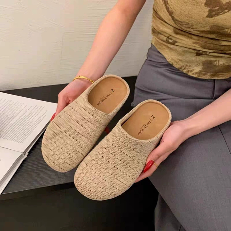 2025 Весенний новый тканый баотоу тапочки женский европейский вокзал с круглой головкой плоское дно удобно носить педаль и полубуксировку