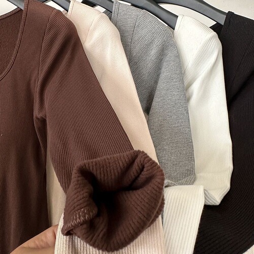 Autumn/Winter Square Collar Napped Long-Sleeve T-Shirt with Breast Pad Warm Innerwear for Women, Thick Inner Layer, Fitted Base Shirt Top