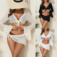 2025 Бикини с длинными рукавами четыре комплекта swimsuit Европейский и Американский купальник с рюшами женский сплит сетка красный сексуальный купальник