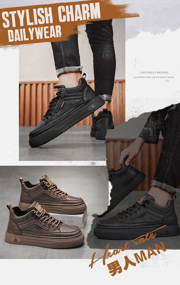 Giày nam cổ trung chống thấm nước chống trơn trượt màu đen, giày thể thao sneaker đa năng đi làm và giải trí, gót 3-5 cm — quần kaki, đen chi tiết 4