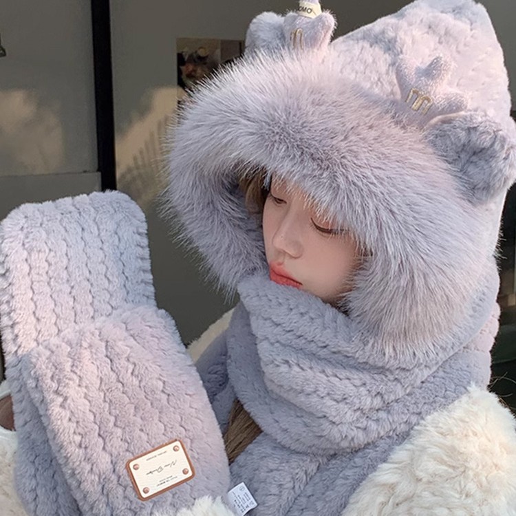 (2개) 모자 여성의 가을과 겨울 귀여운 드래곤 뿔 푹신한 모자 두꺼운 따뜻한 스카프 원피스 후드 스카프 장갑 3 피스 세트