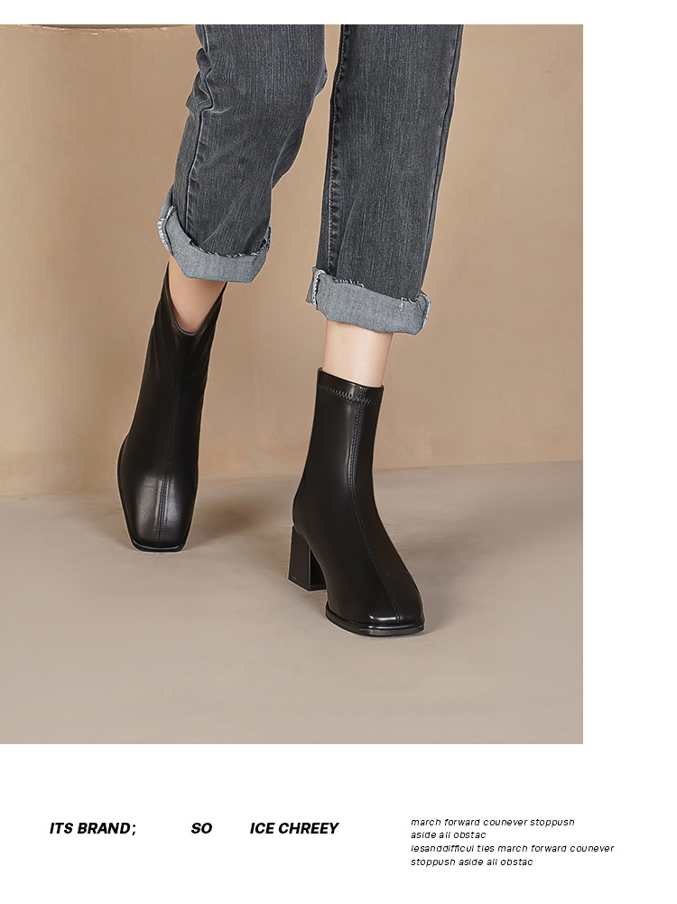 Courtes en cuir véritable pour femmes, nouvelle botte française haute et fine, tête carrée épaisse, printemps et automne 2024_voghion.com