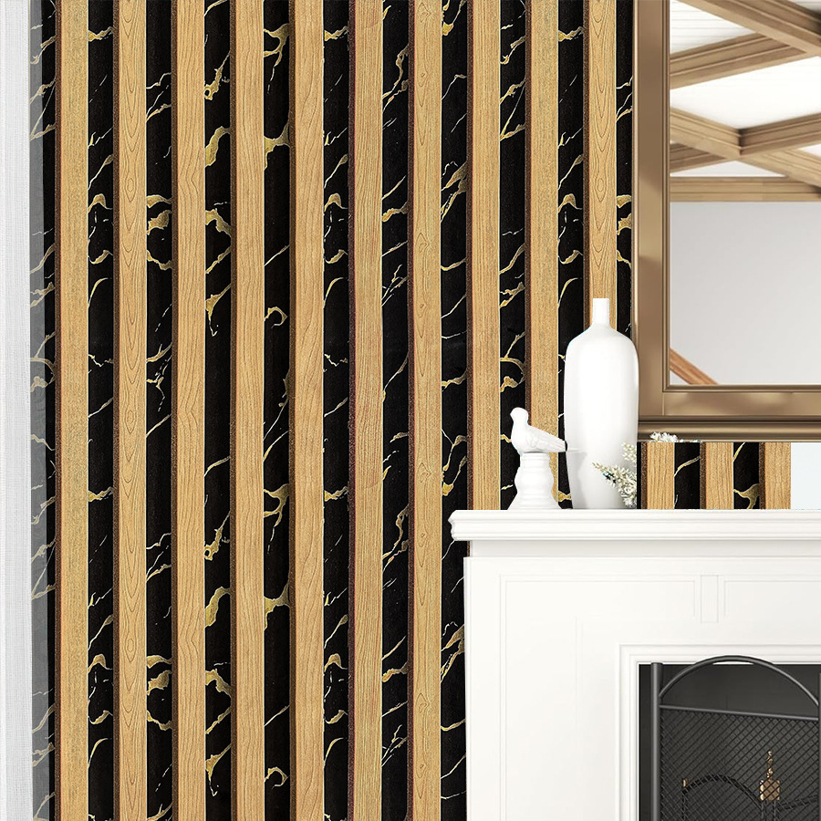 Papel pintado autoadhesivo de madera y mármol negro y amarillo_voghion.com