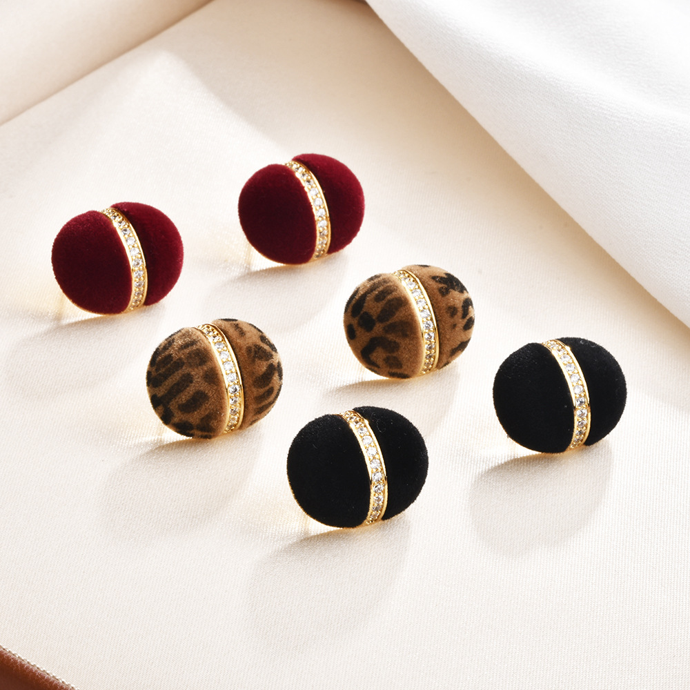 欧美时尚植绒豹纹复古酒红耳钉独特设计个性高级感气质耳环耳饰品