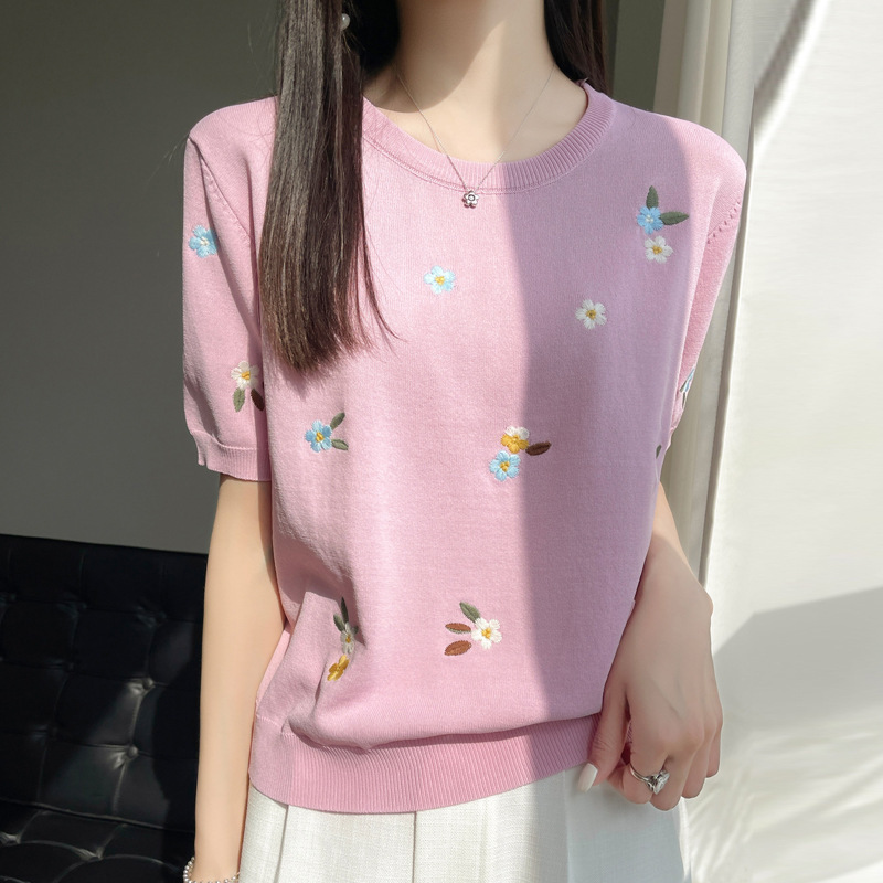 春夏新款甜美减龄刺绣女圆领冰丝针织短袖T恤半袖上衣打底衫|undefined