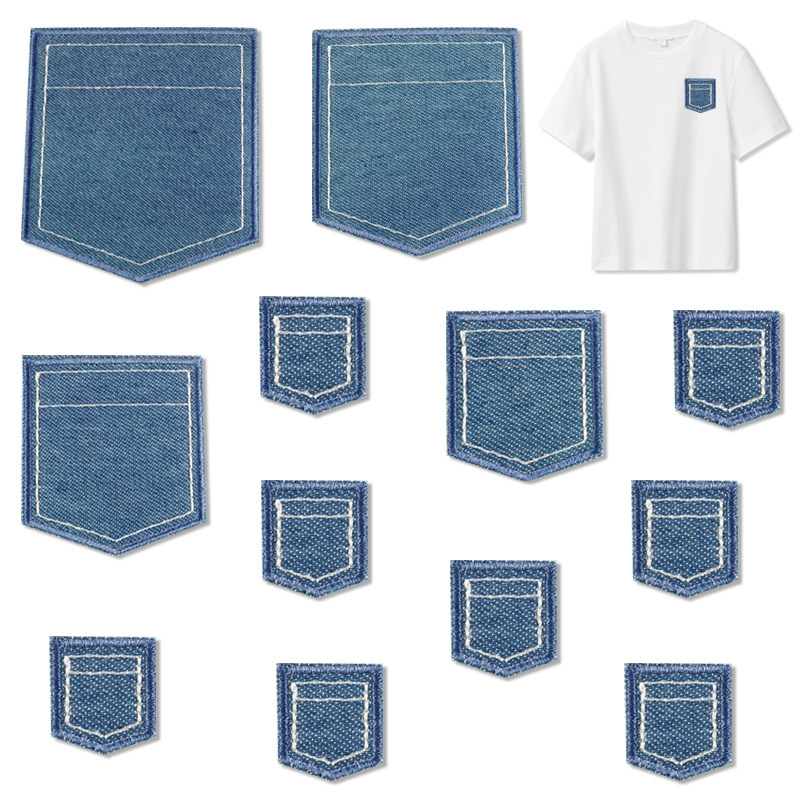 Cross-Border Trade Embroidered Patch Dark Blue Denim Fake Pocket Iron-On Patch Decorative Accessory Shoe and Hat Fabric Patch
