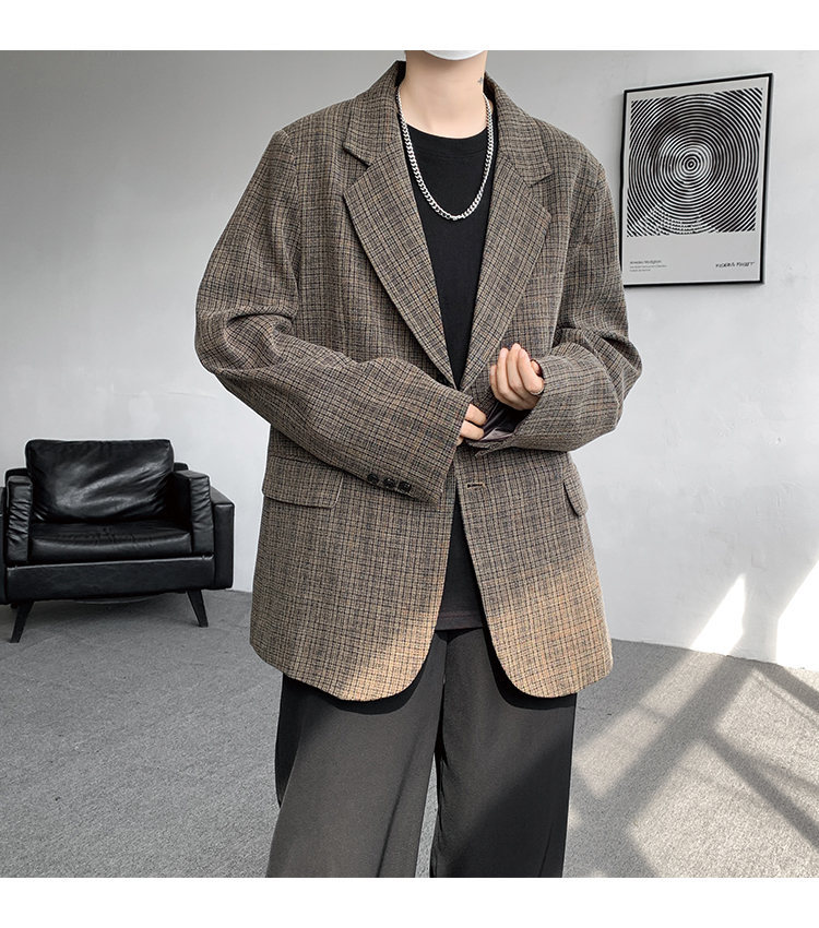 American Retro Houndstooth Blazer For Men Oversized Plaid Jacket_voghion.com