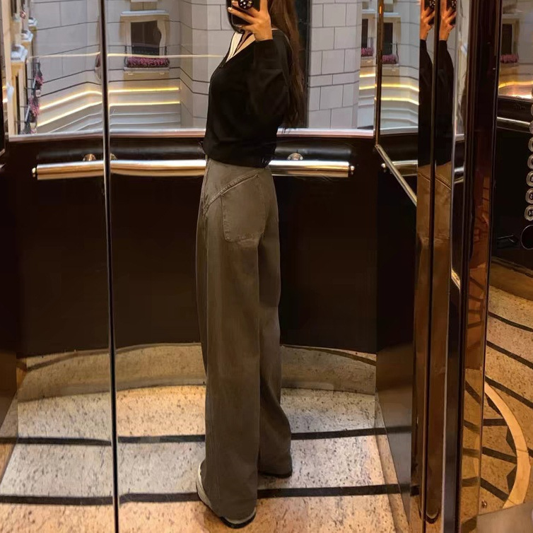 Large Bottle Niche Heavy Vintage Washed Narrow Wide-Leg Jeans for Women Slimming Straight Pants