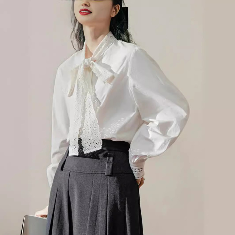 French-Style Lace Bow White Shirt for Women, 2025 Spring New Base Layer Top, Shirt for Layering French-Style Lace Bow White Shirt for Women, 2025 Spring New Base Layer Top, Shirt for Layering