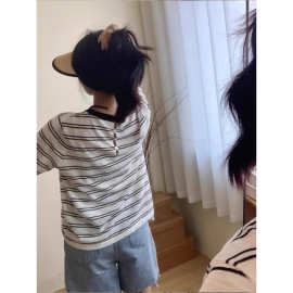撞色条纹正肩短袖针织衫女夏设计感小众后背镂空圆领冰丝T恤上衣
